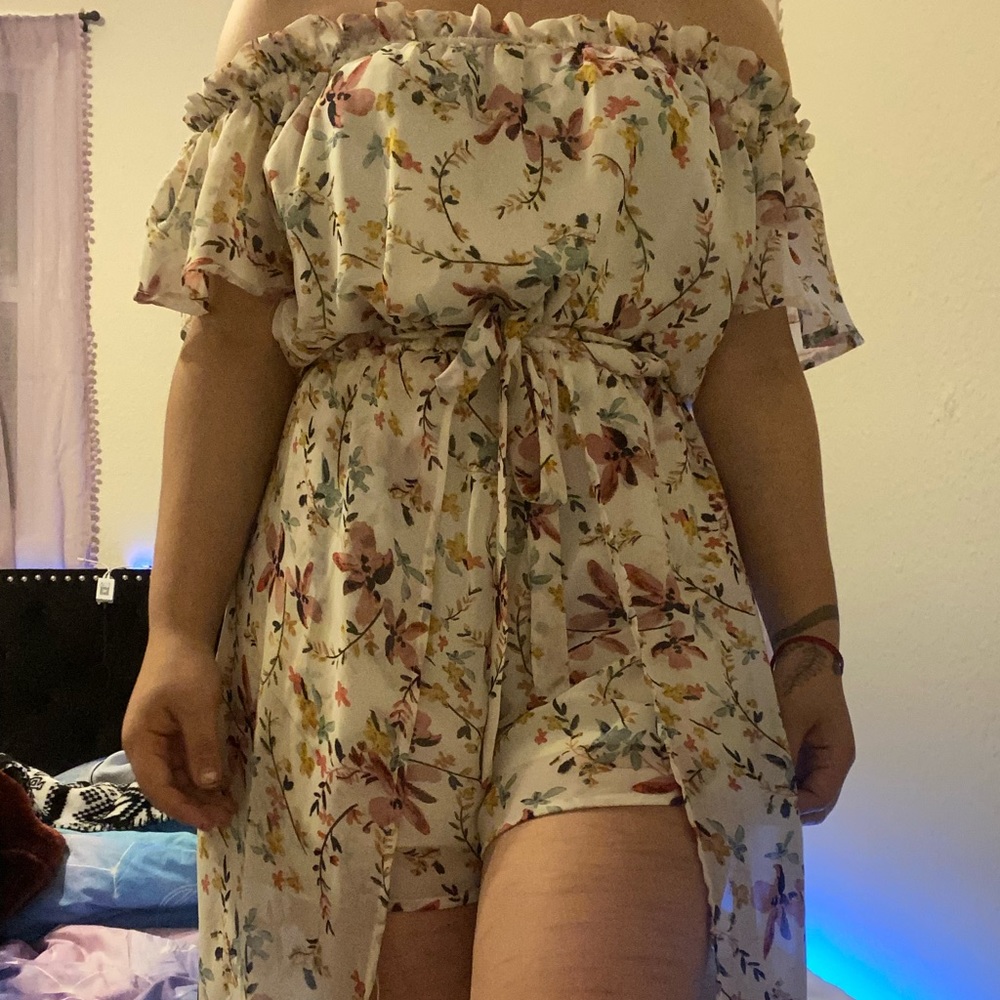 tan Floral romper with train